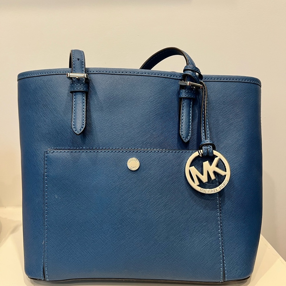 Michael Kors Blue Saffiano Leather Tote with Gold Hardware